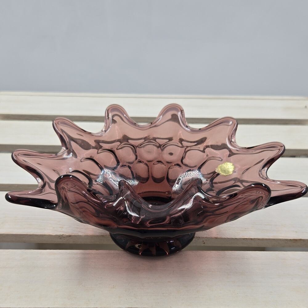 Handcrafted Amethyst Art Glass Bowl Scalloped Folded Edge Thumbprint Bowl